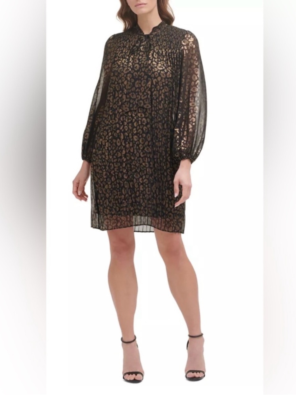 DKNY Black Dress Gold Metallic Leopard Print Long Sheer Sleeve Tie V Neck Size 4